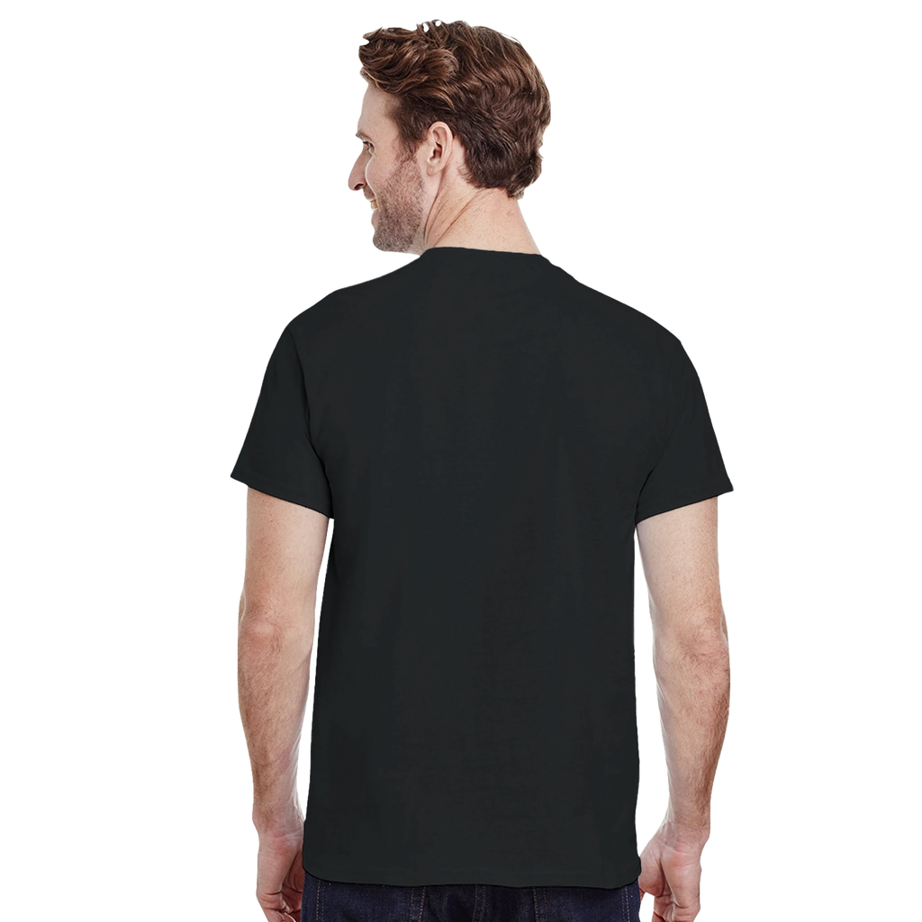 Black crewneck T-shirt, back view, plain with no visible chest graphic