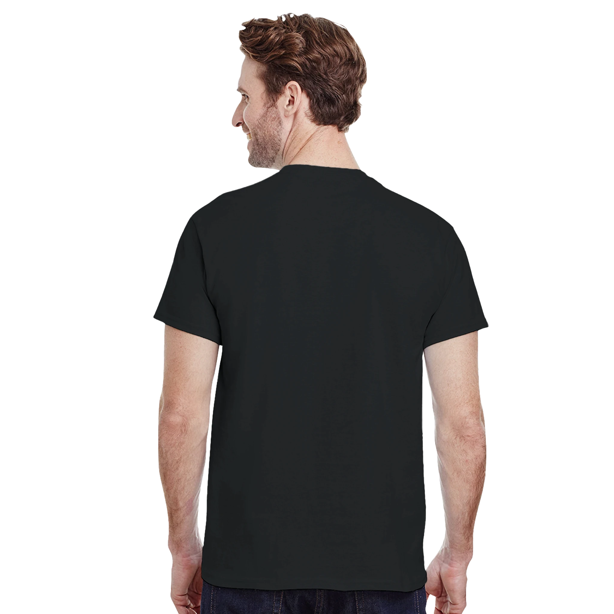 Black crewneck T-shirt, back view, plain with no visible chest graphic