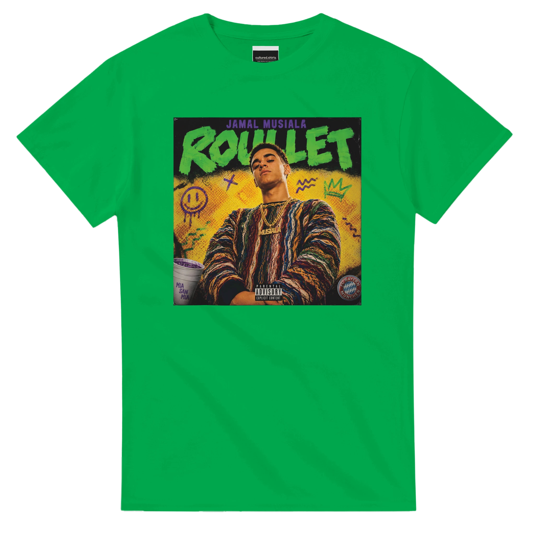 Irish green crew-neck T-shirt with “ROULET” graphic portrait on the front