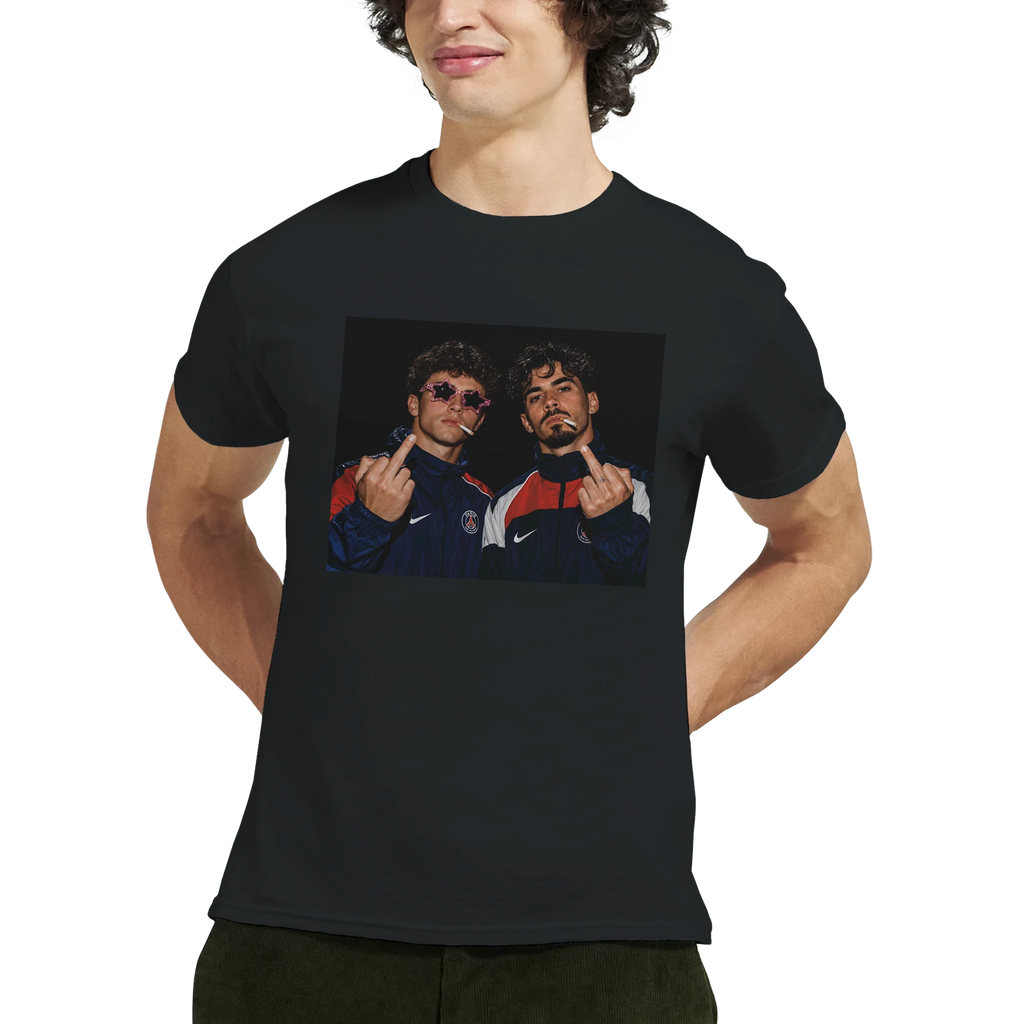 Black T-shirt with centered graphic of two football players on chest
