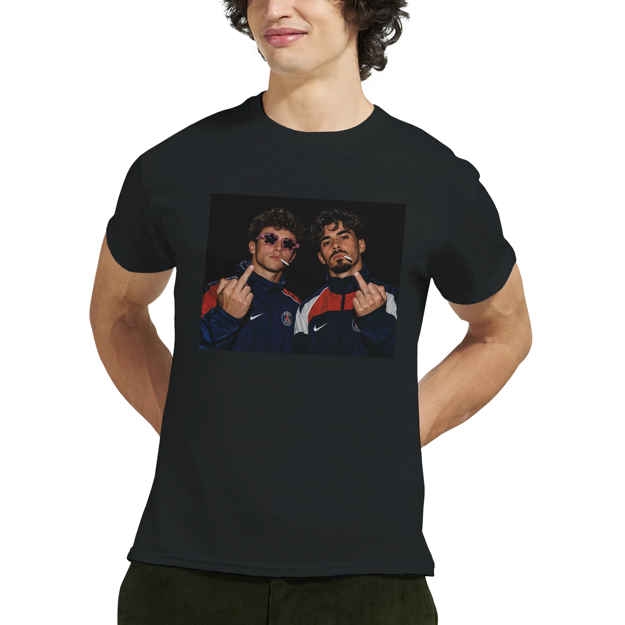 Black T-shirt with centered graphic of two football players on chest