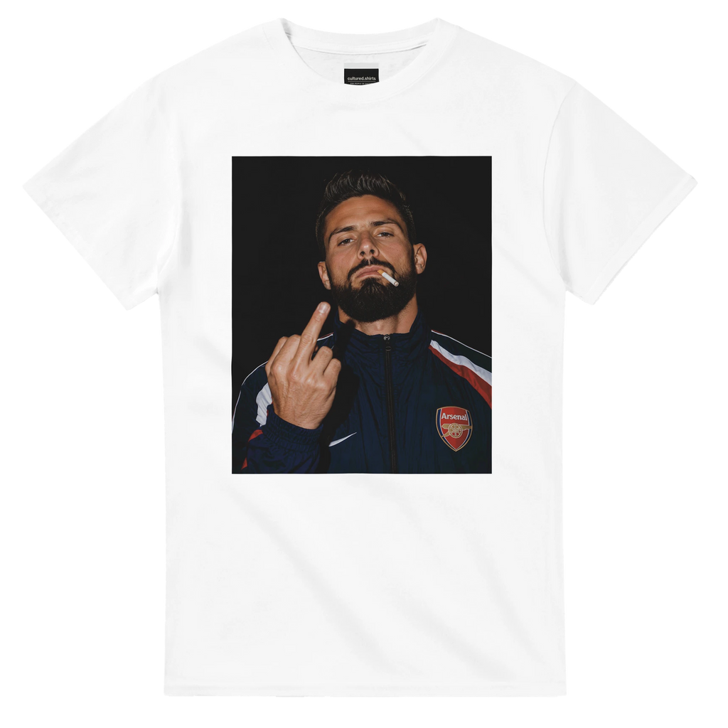White crew-neck T-shirt with square portrait graphic on the front
