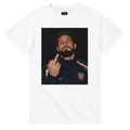 White crew-neck T-shirt with square portrait graphic on the front