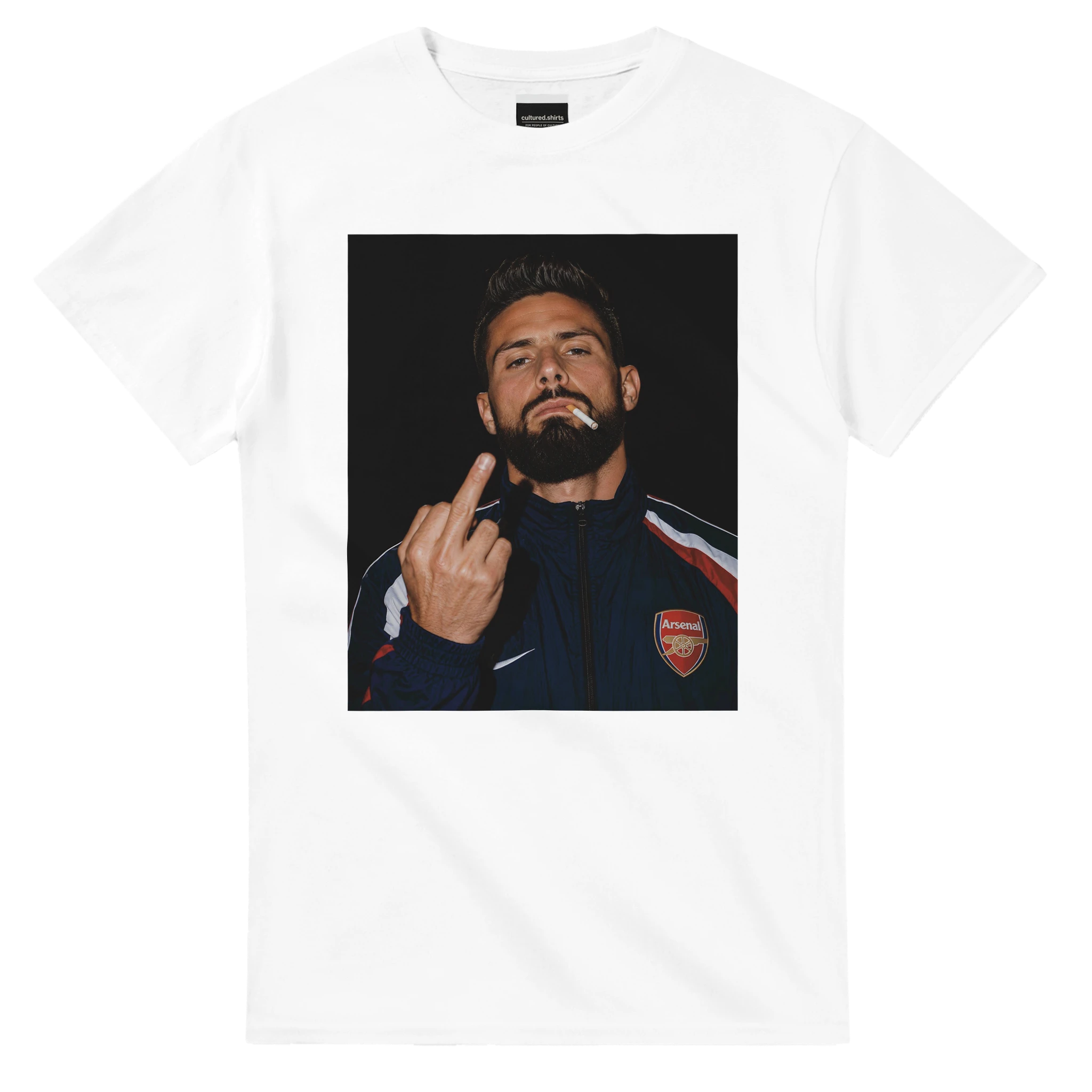 White crew-neck T-shirt with square portrait graphic on the front