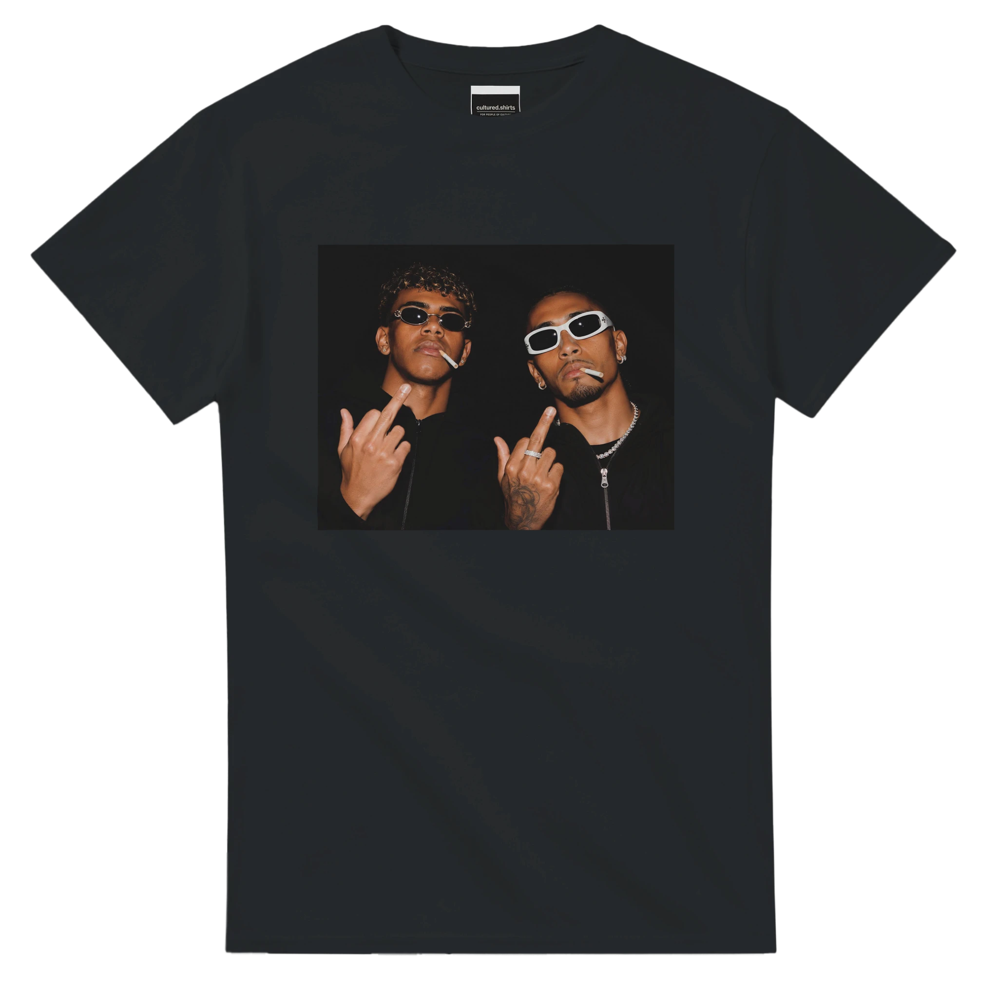 Black cotton T-shirt with front rectangular photo graphic of two men wearing sunglasses