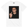 White crewneck T-shirt with square portrait graphic and sunglasses design on front
