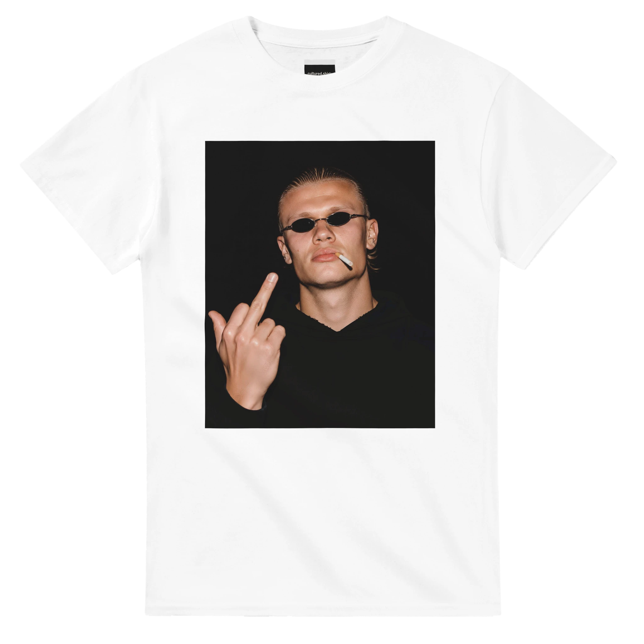 White crewneck T-shirt with square portrait graphic and sunglasses design on front