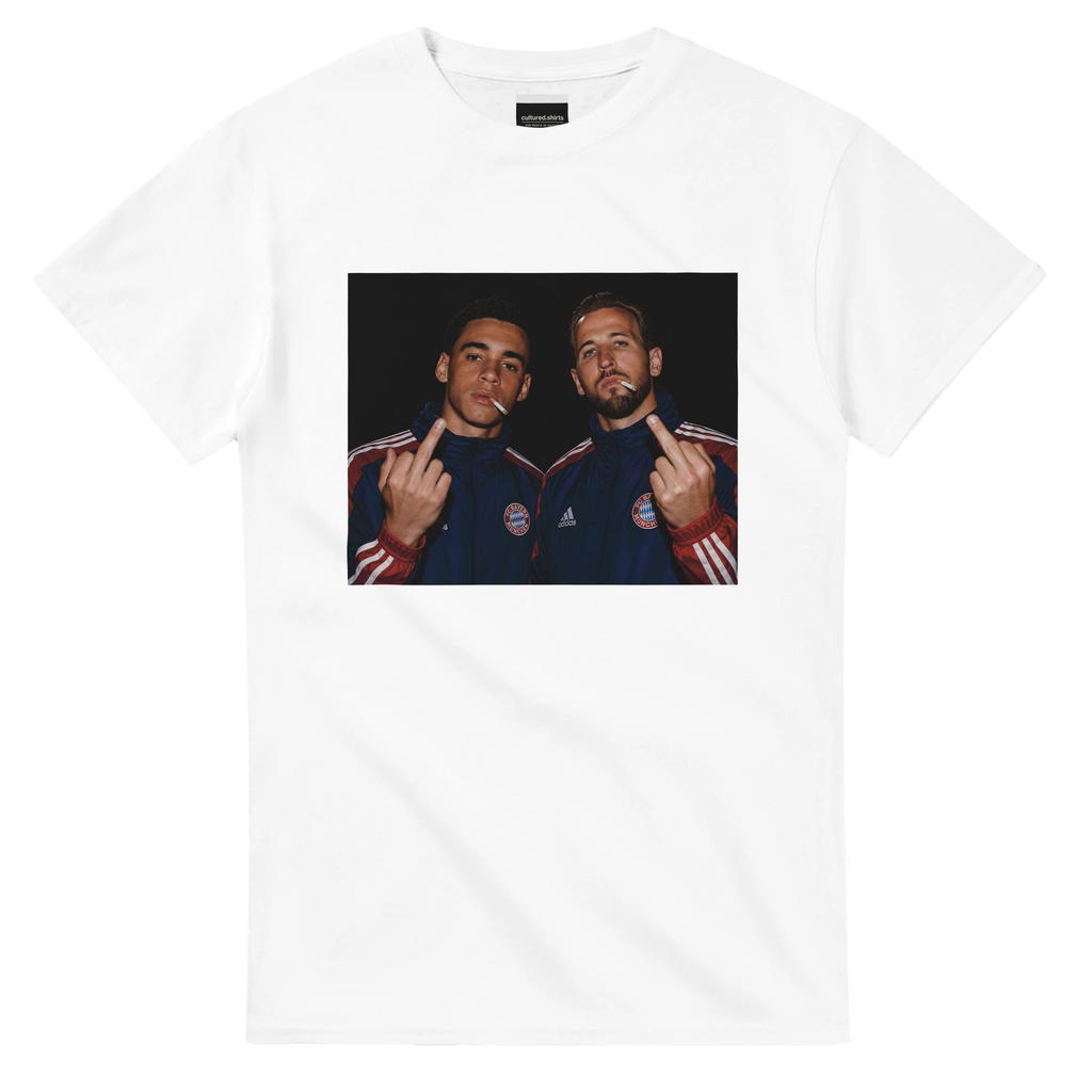White T-shirt with rectangular player graphic on front