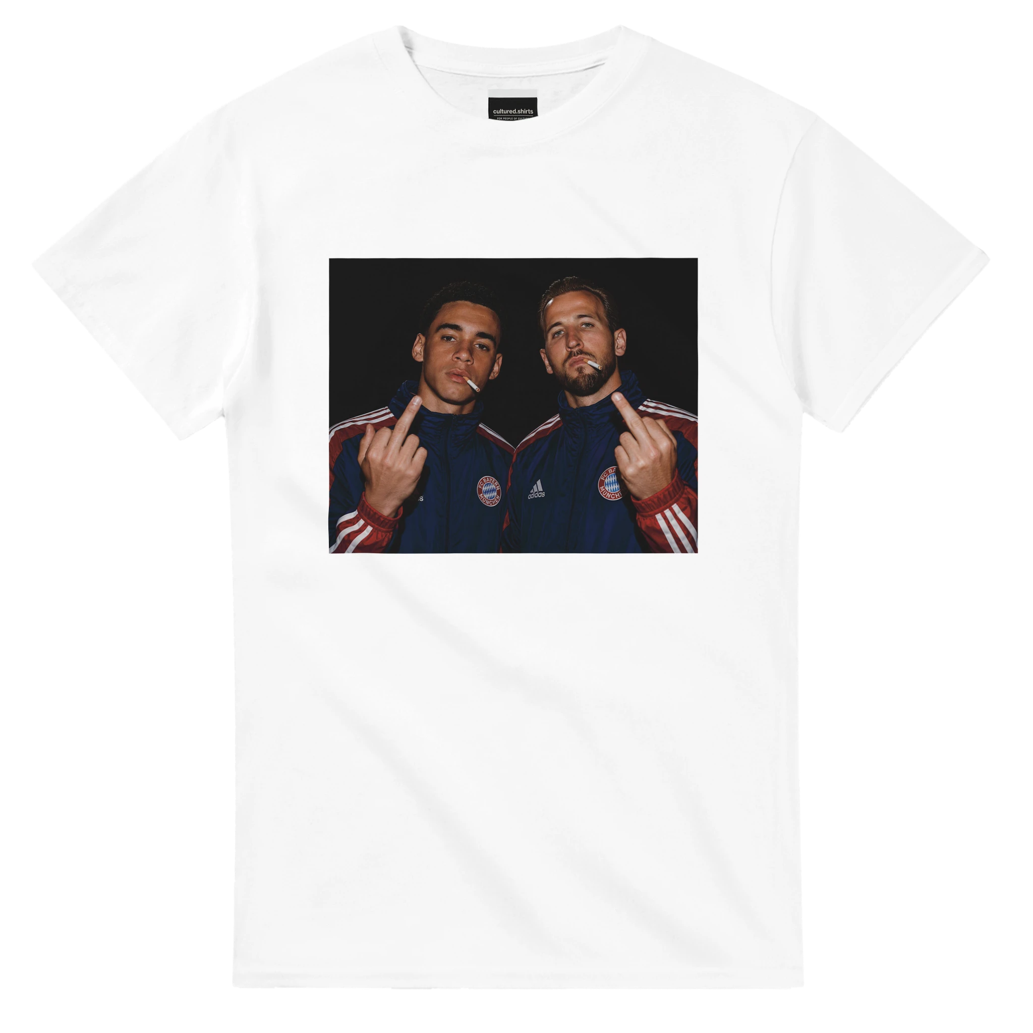 White T-shirt with rectangular player graphic on front