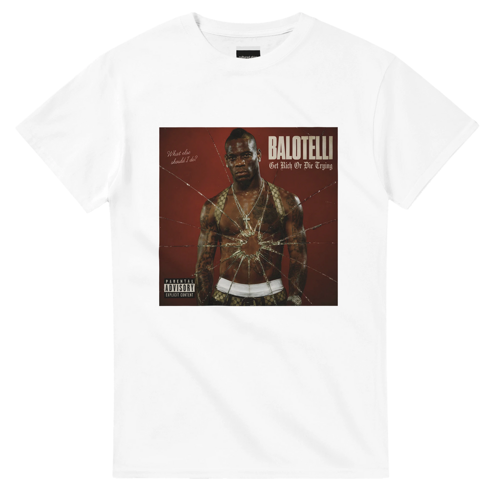 White graphic T-shirt with Balotelli portrait and red album-style cover print