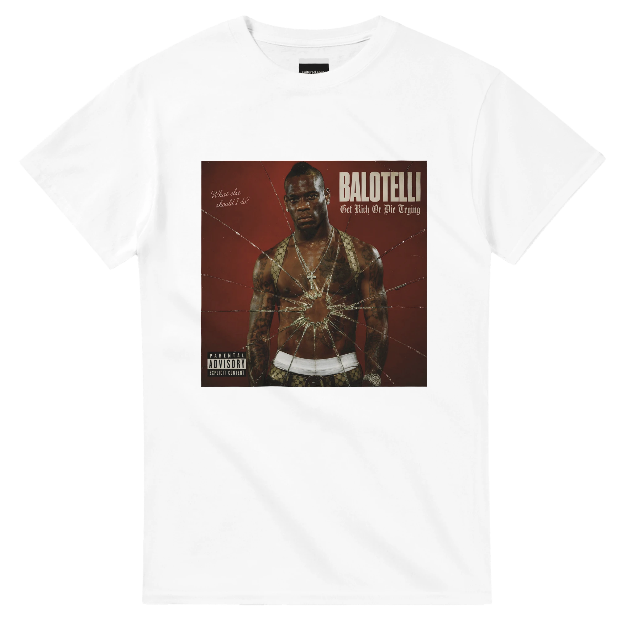 White graphic T-shirt with Balotelli portrait and red album-style cover print