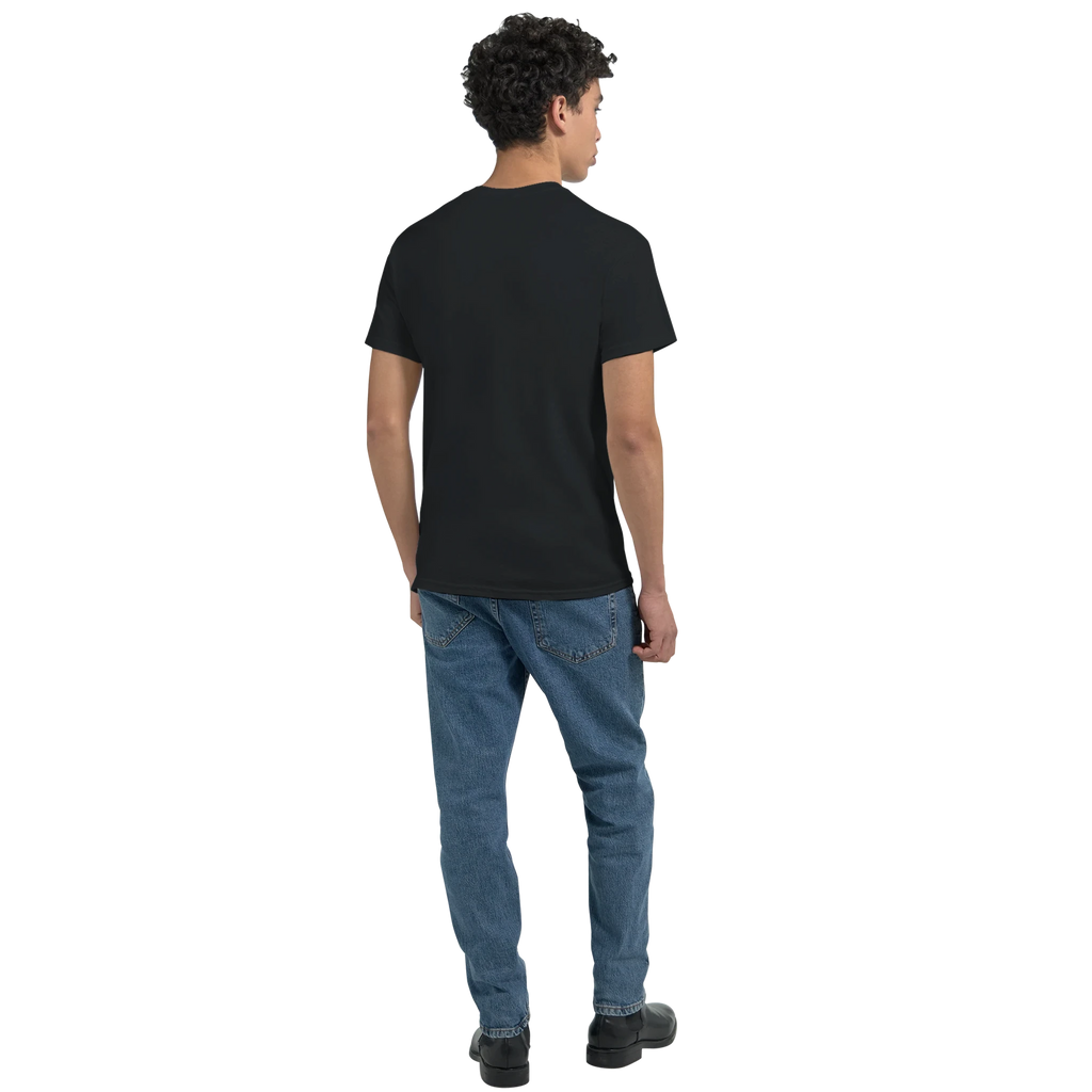 Black crewneck T-shirt on model, back view with plain fabric