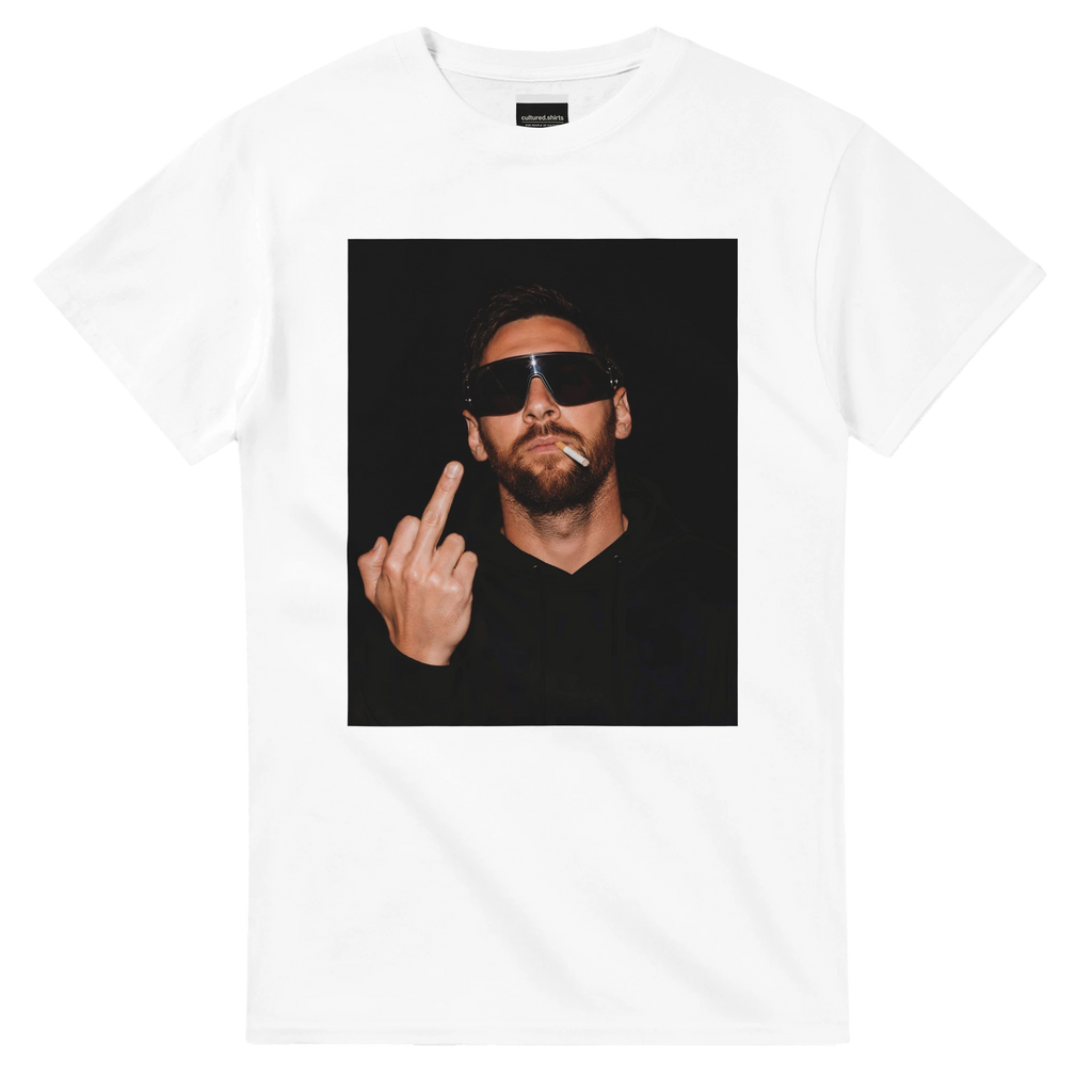 White men’s T-shirt with square portrait graphic, sunglasses, and peace sign print