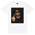 White men’s T-shirt with square portrait graphic, sunglasses, and peace sign print