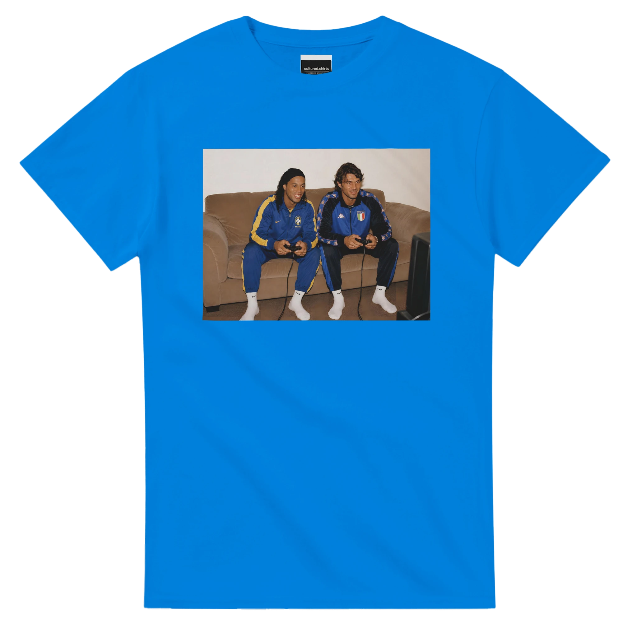 Royal blue crew-neck T-shirt with rectangular photo-style player graphic on the chest.