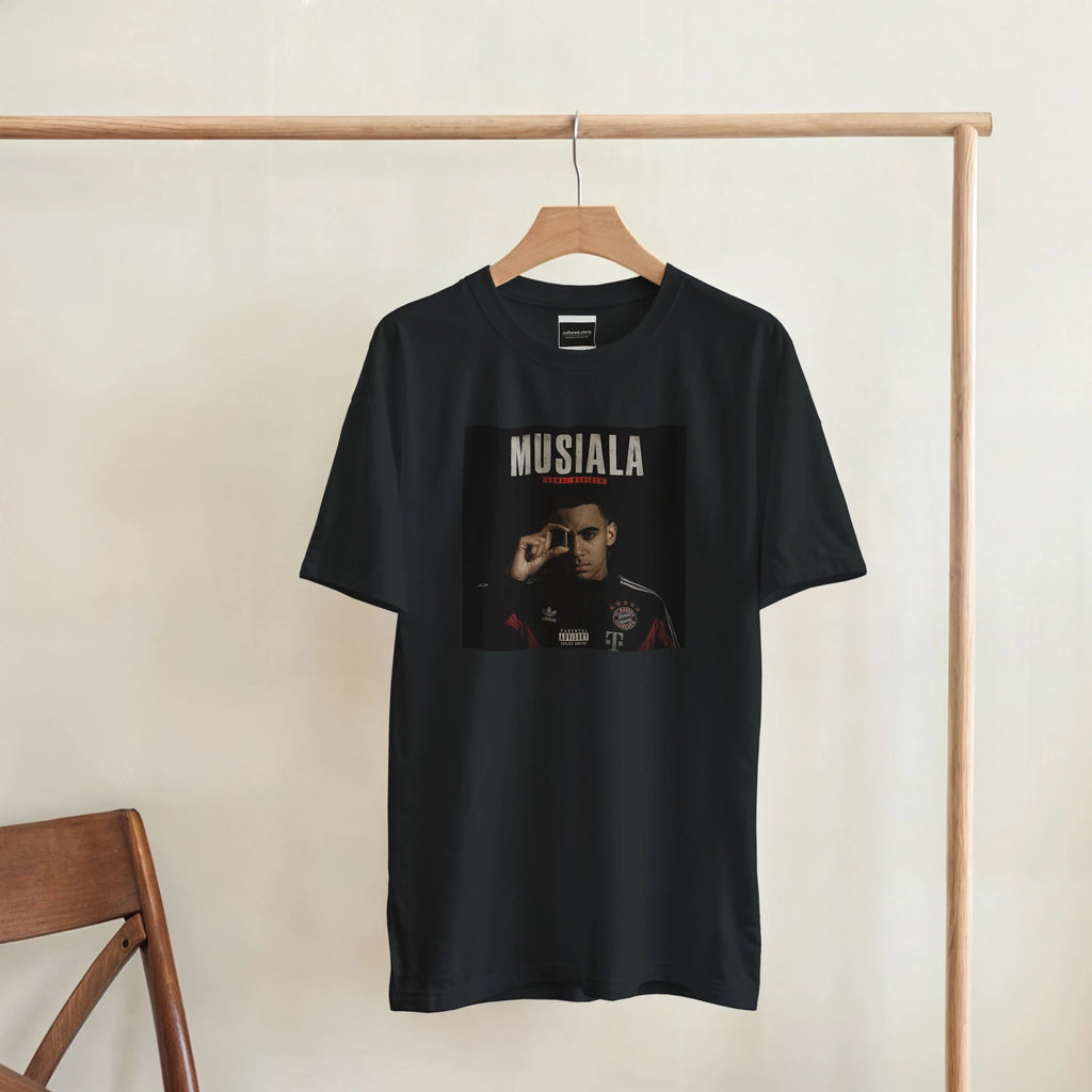 Black crewneck T-shirt on hanger with front Musiala graphic print