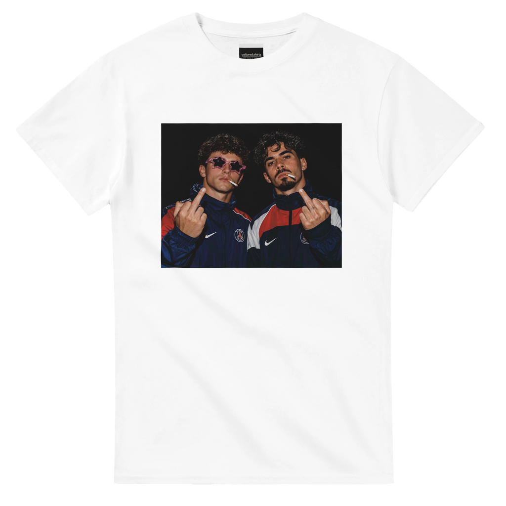 White T-shirt with centered graphic of two football players
