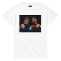 White T-shirt with centered graphic of two football players