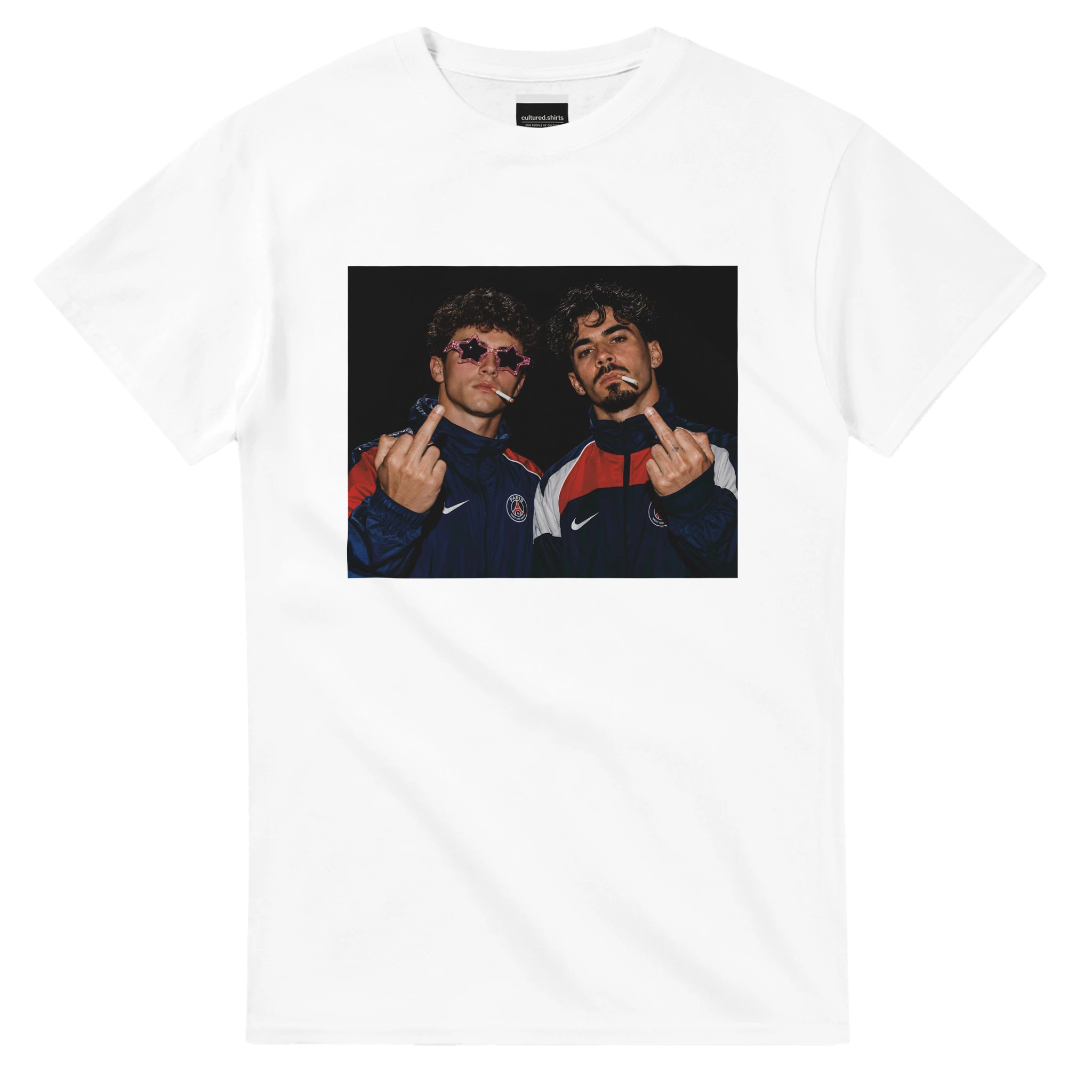 White T-shirt with centered graphic of two football players