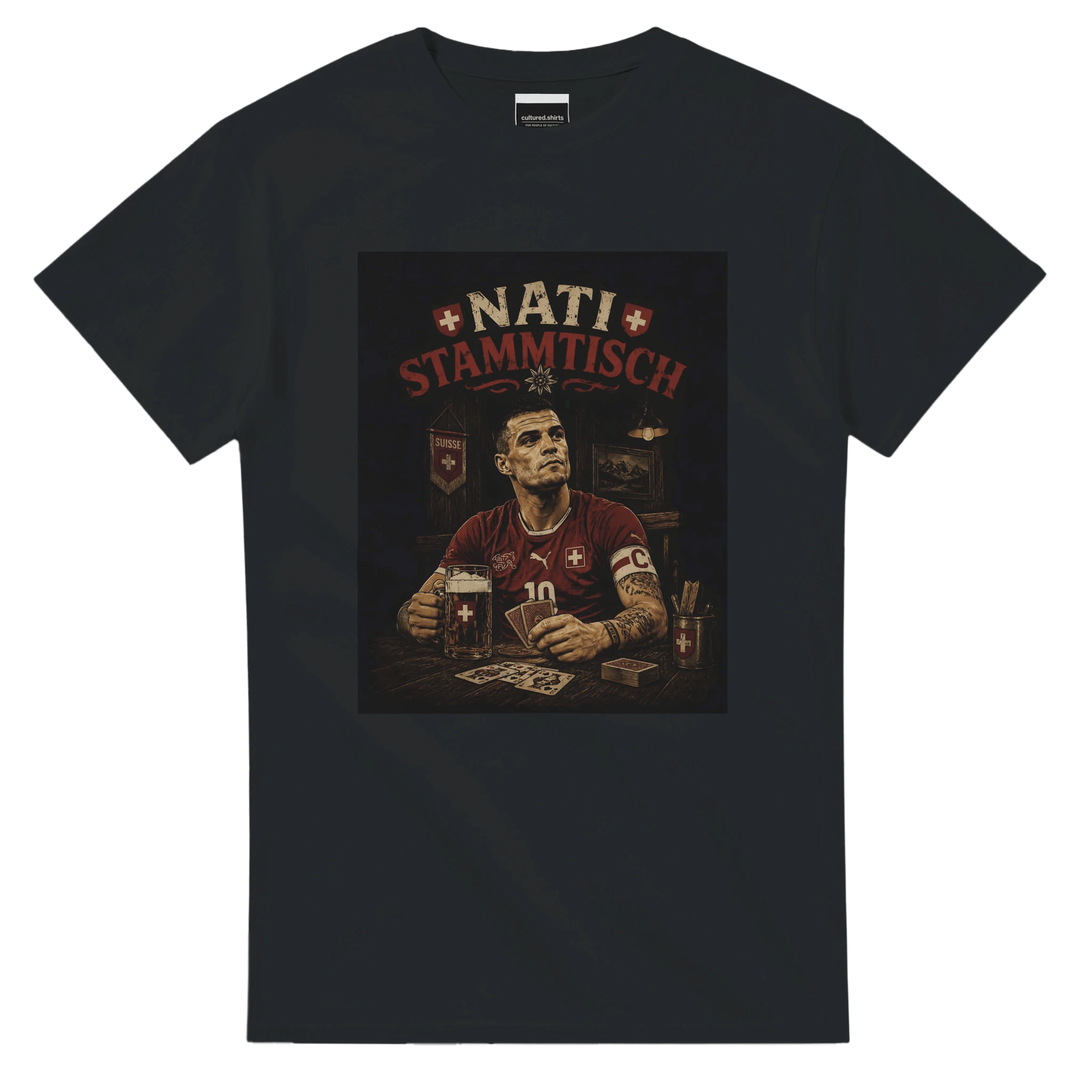Black T-shirt with square 'Nati Stammisch' graphic print on chest
