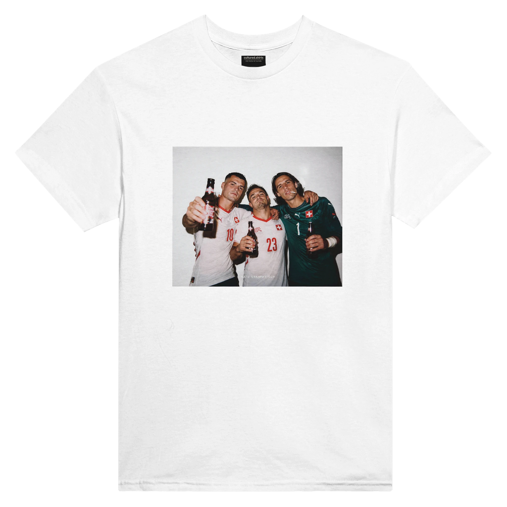 White T-shirt with centered rectangular fan art graphic of three football players