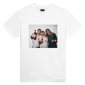 White T-shirt with centered rectangular fan art graphic of three football players