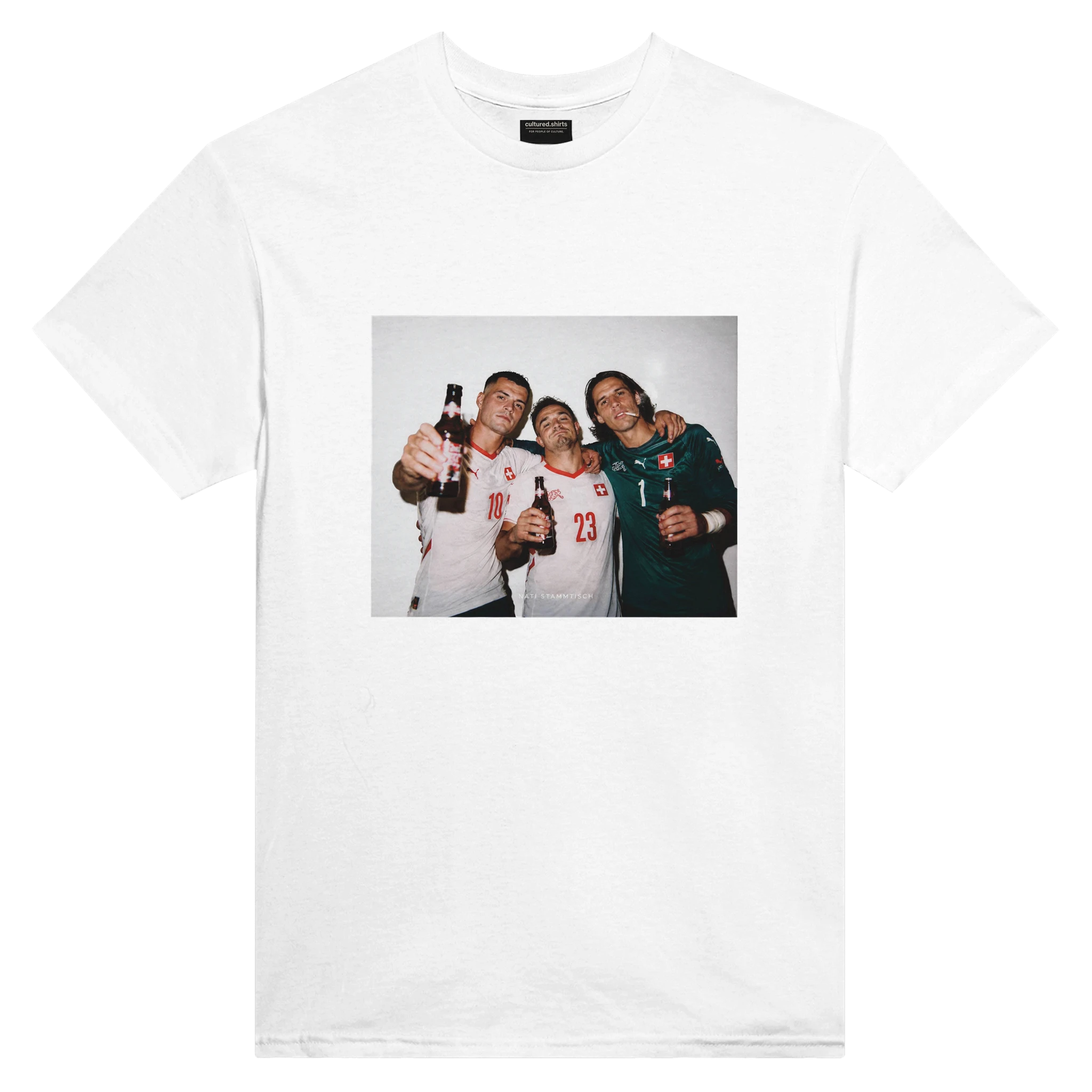 White T-shirt with centered rectangular fan art graphic of three football players