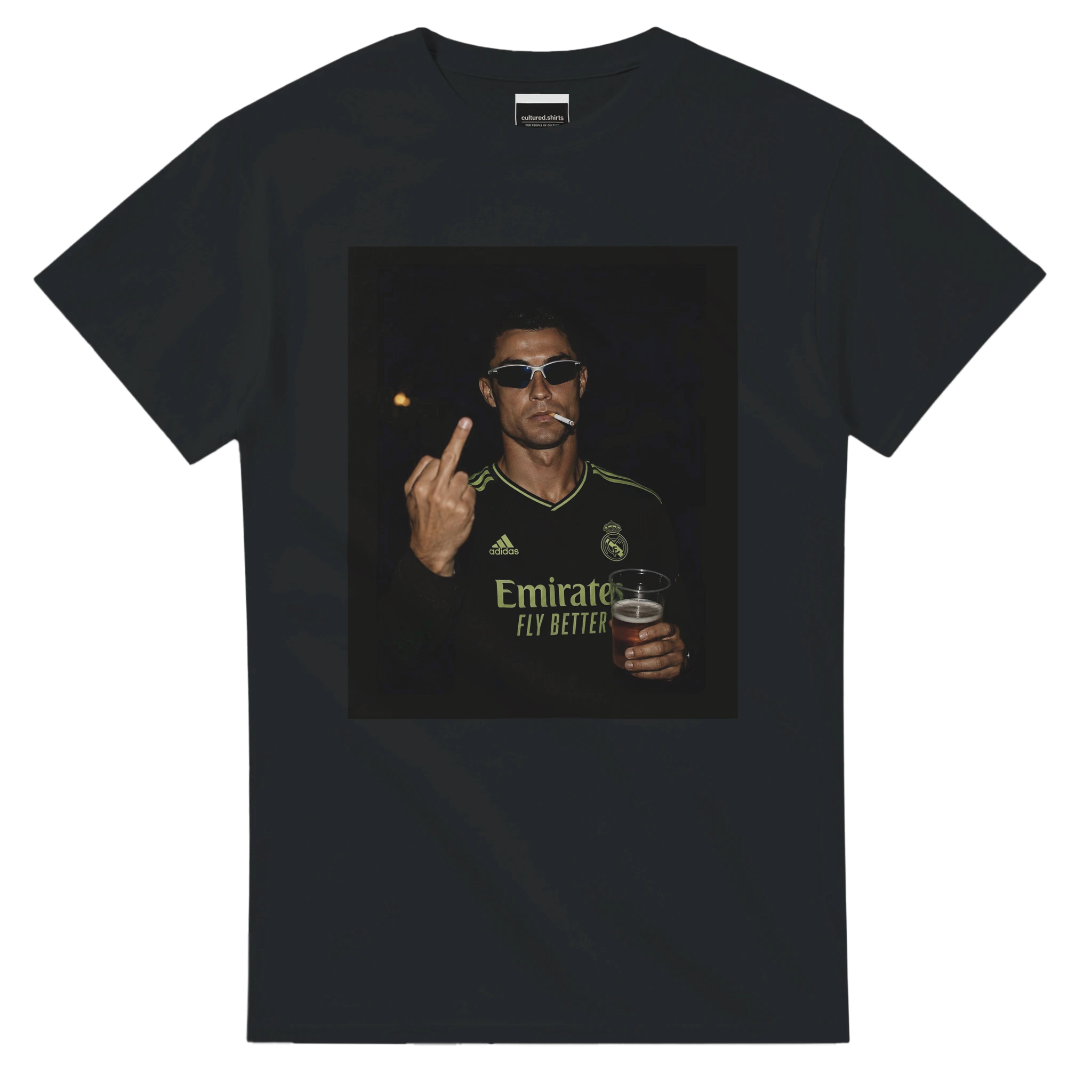 Black crew-neck T-shirt with square portrait graphic and gold lettering