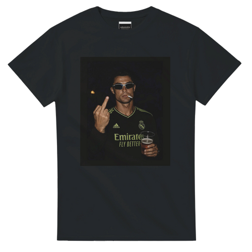 Black crew-neck T-shirt with square portrait graphic and gold lettering