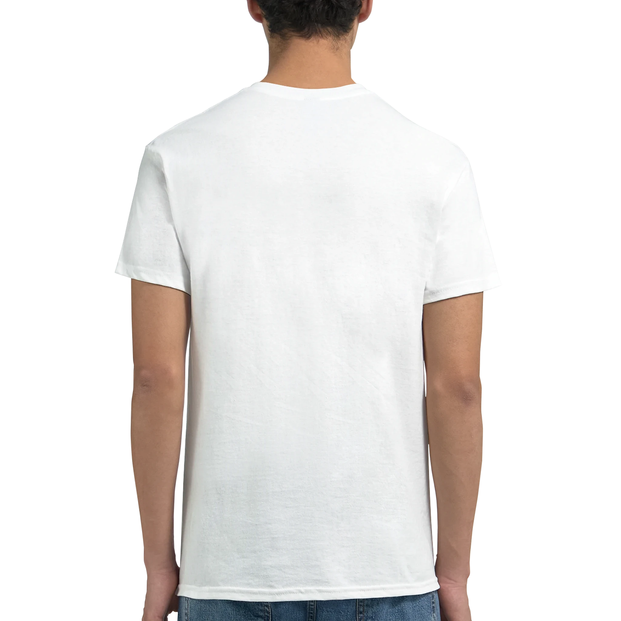 White T-shirt back view with crew neck and short sleeves