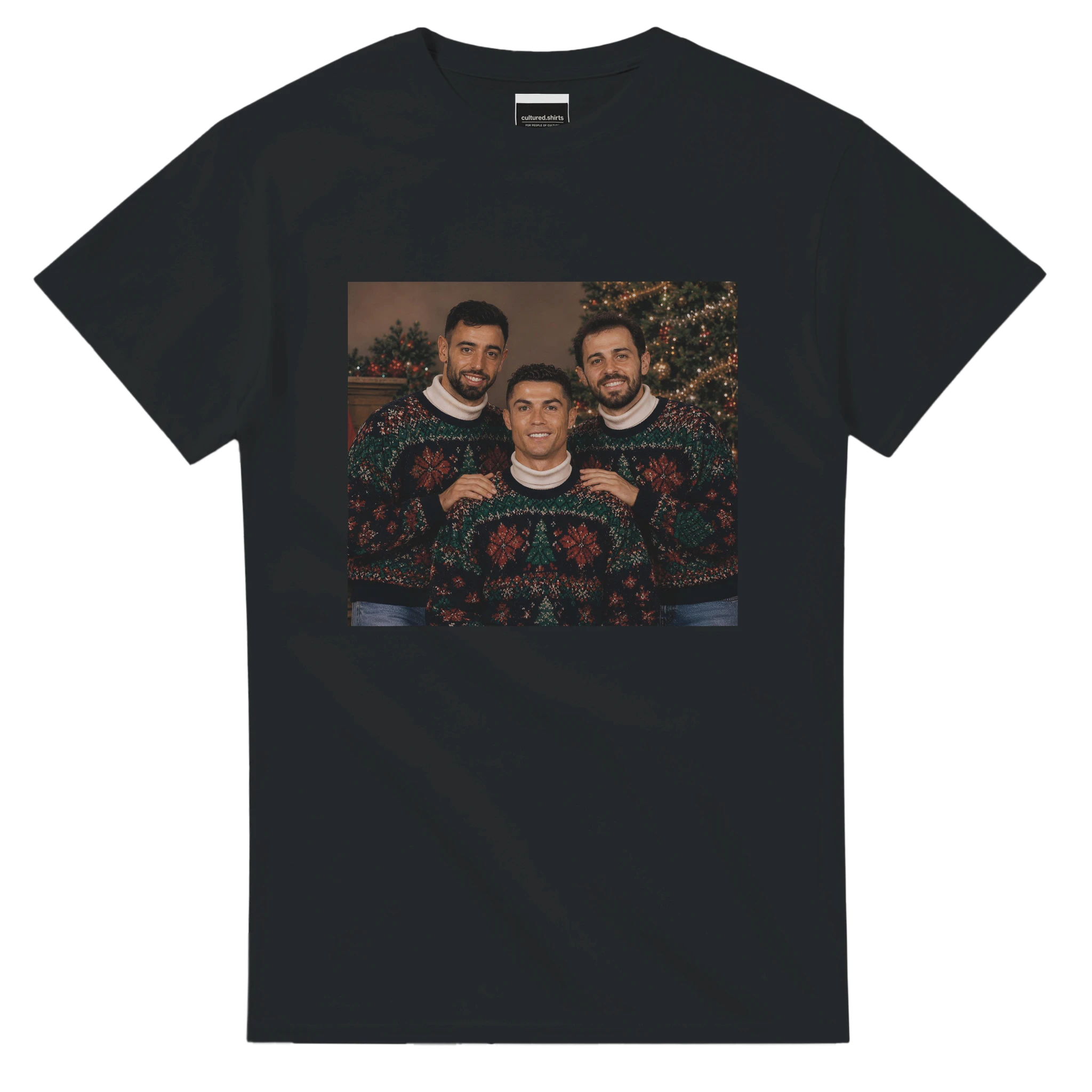 Black Christmas fan T-shirt with square holiday photo graphic on chest