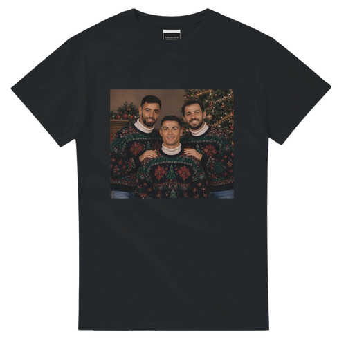 Black Christmas fan T-shirt with square holiday photo graphic on chest