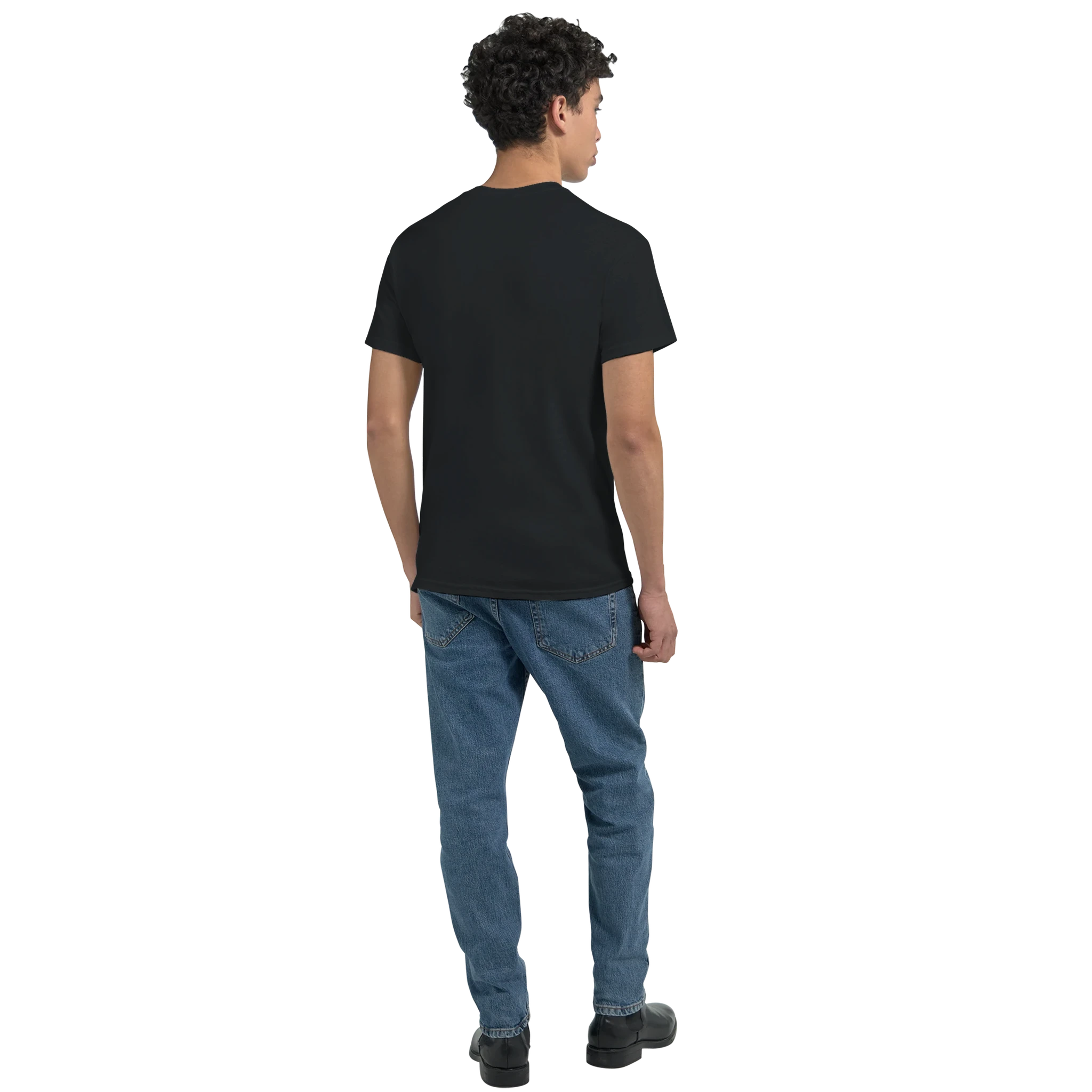 Black crew-neck T-shirt with plain back and no visible graphic.