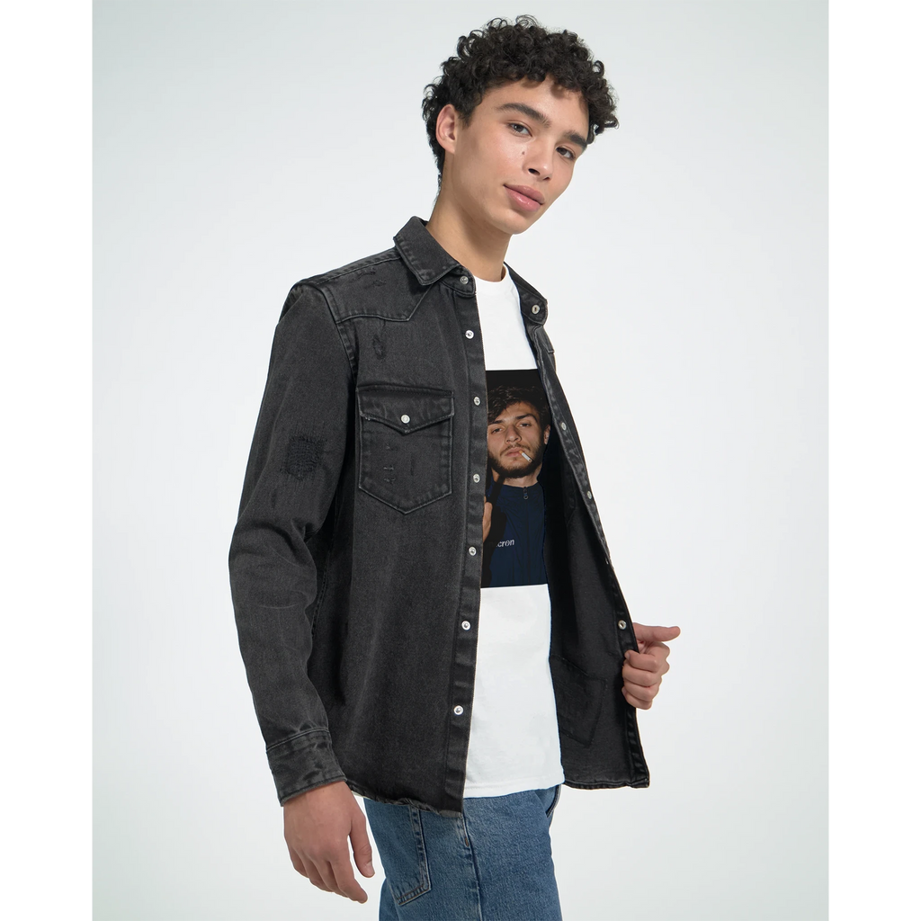 White crewneck T-shirt with small square portrait graphic, worn under jacket