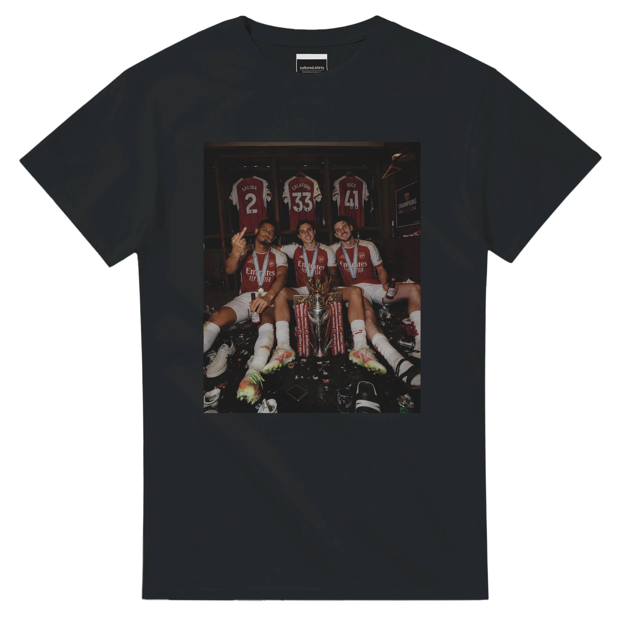 Black graphic T-shirt with rectangular team photo print