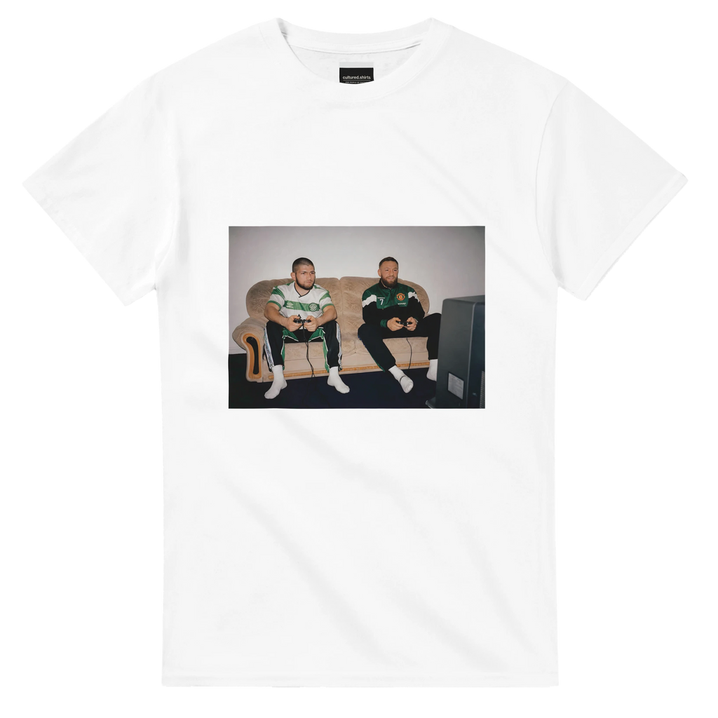 White T-shirt with rectangular front graphic showing two men seated.