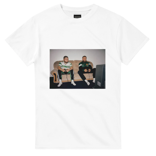 White T-shirt with rectangular front graphic showing two men seated.