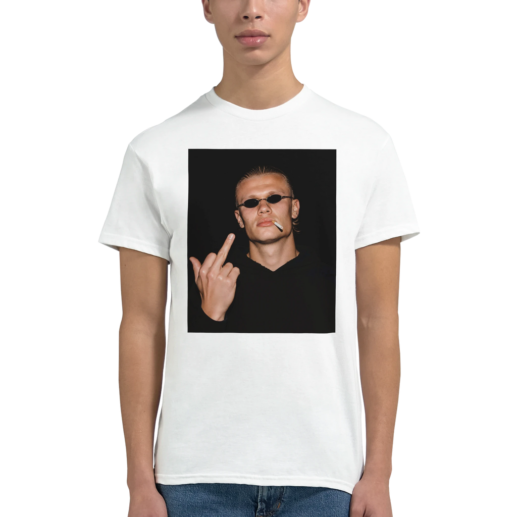 White crewneck T-shirt with square portrait graphic and sunglasses design, front view
