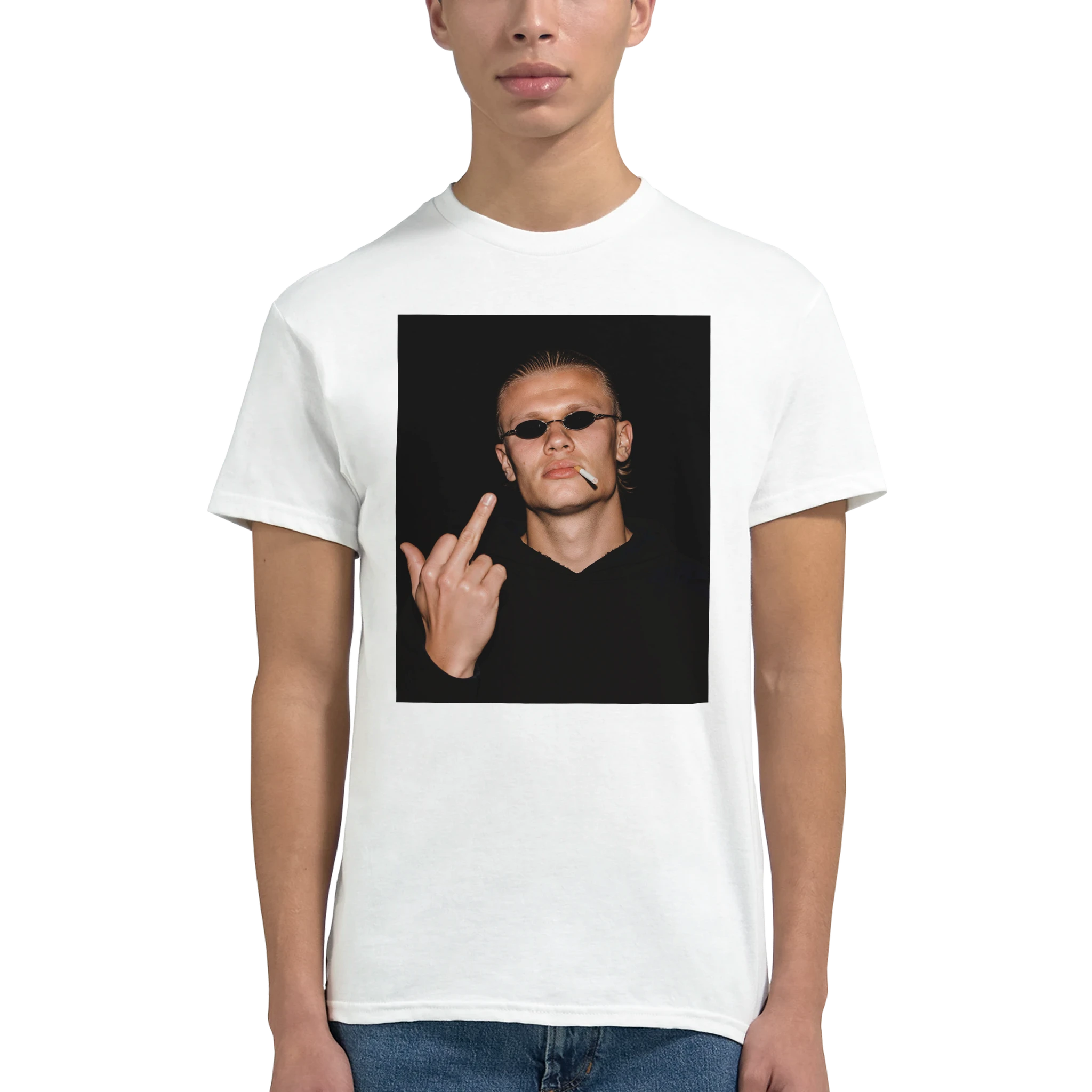 White crewneck T-shirt with square portrait graphic and sunglasses design, front view