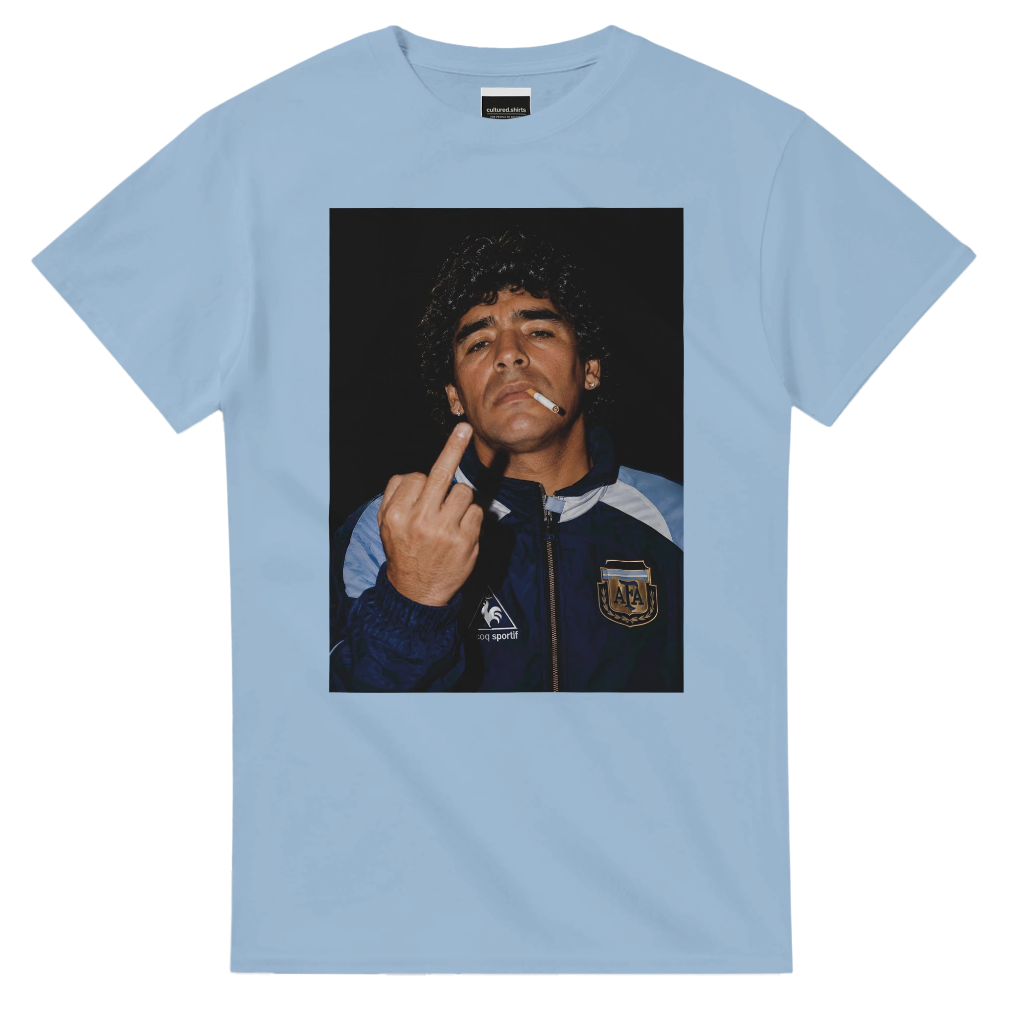 Light blue crewneck football tee with portrait graphic and hand gesture on front
