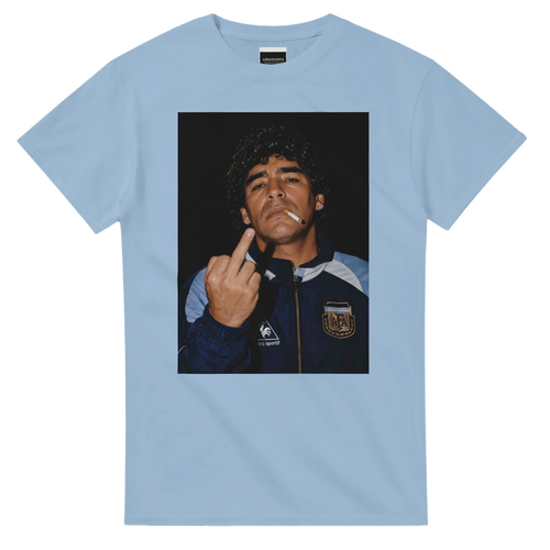 Light blue crewneck football tee with portrait graphic and hand gesture on front