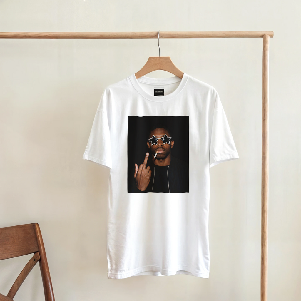 White graphic T-shirt with square portrait and star sunglasses print