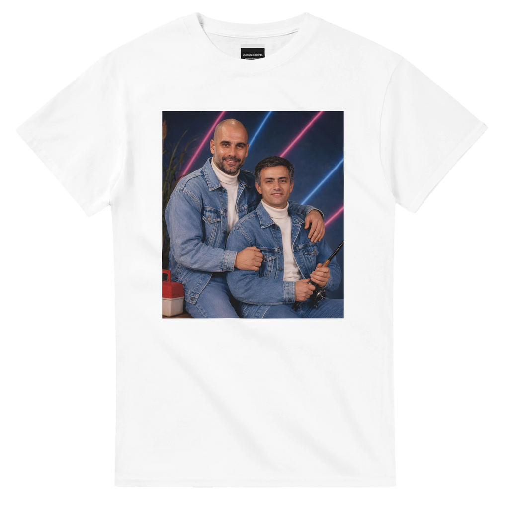 White crew-neck T-shirt with square portrait graphic of two men