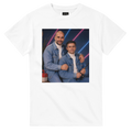 White crew-neck T-shirt with square portrait graphic of two men