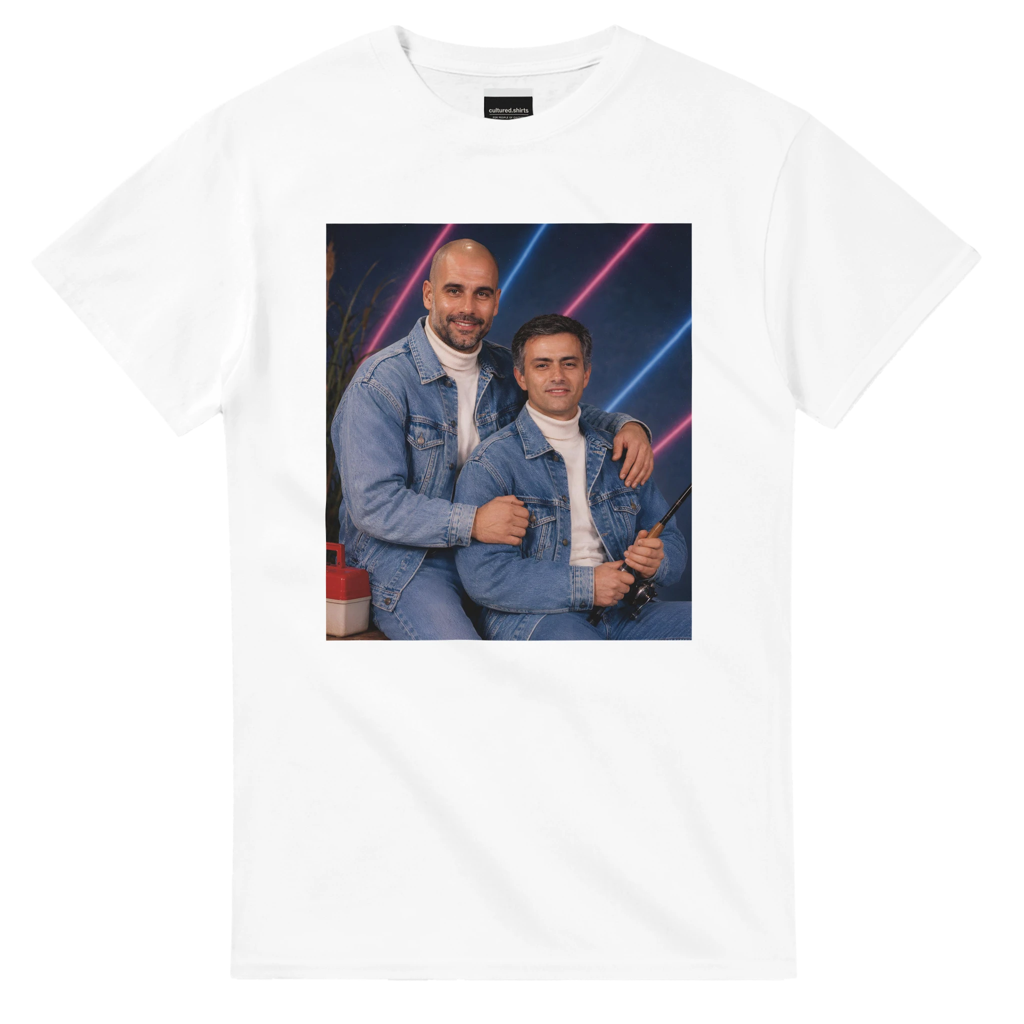 White crew-neck T-shirt with square portrait graphic of two men
