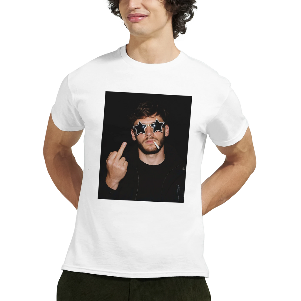 White crewneck football T-shirt with square star-shades graphic front print