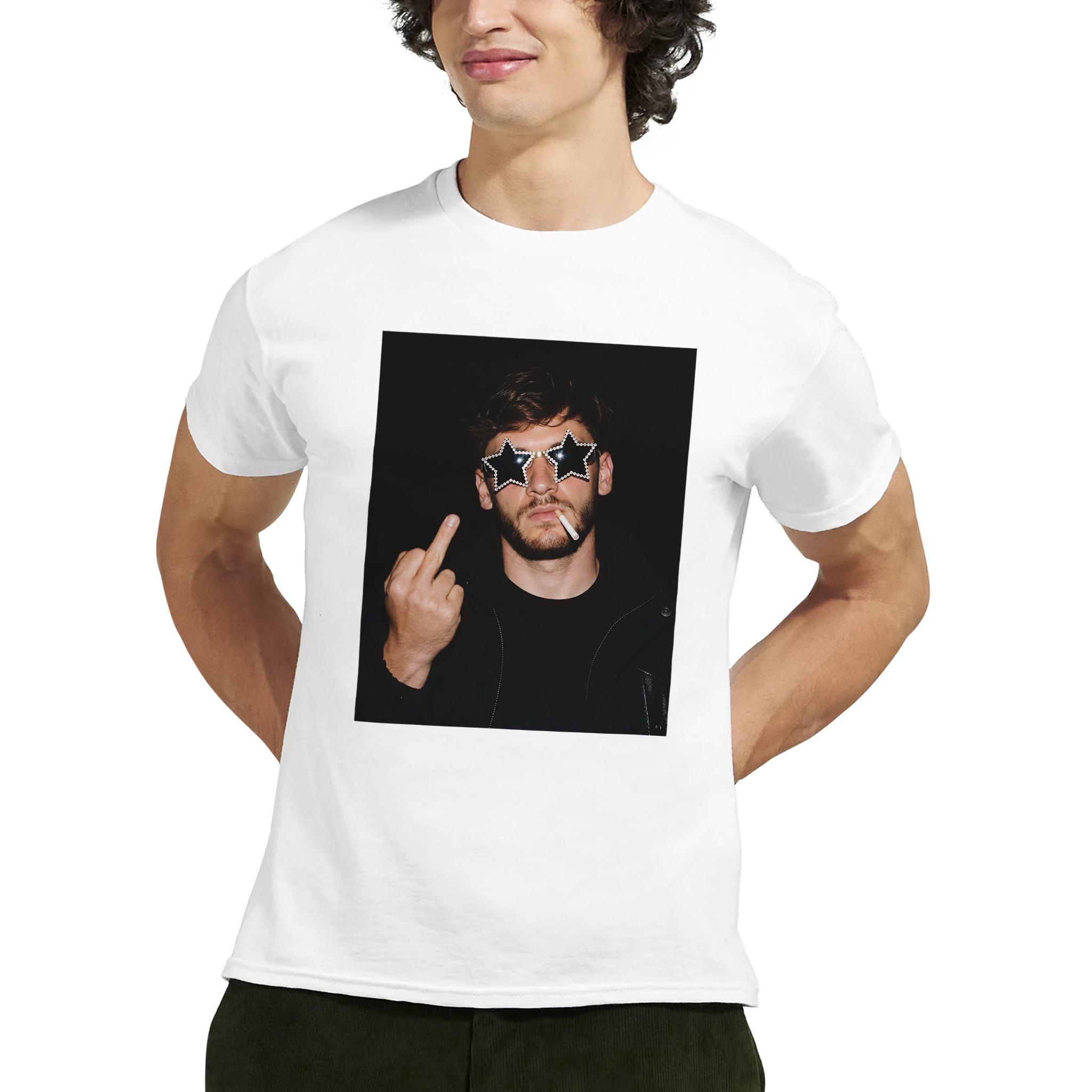 White crewneck football T-shirt with square star-shades graphic front print