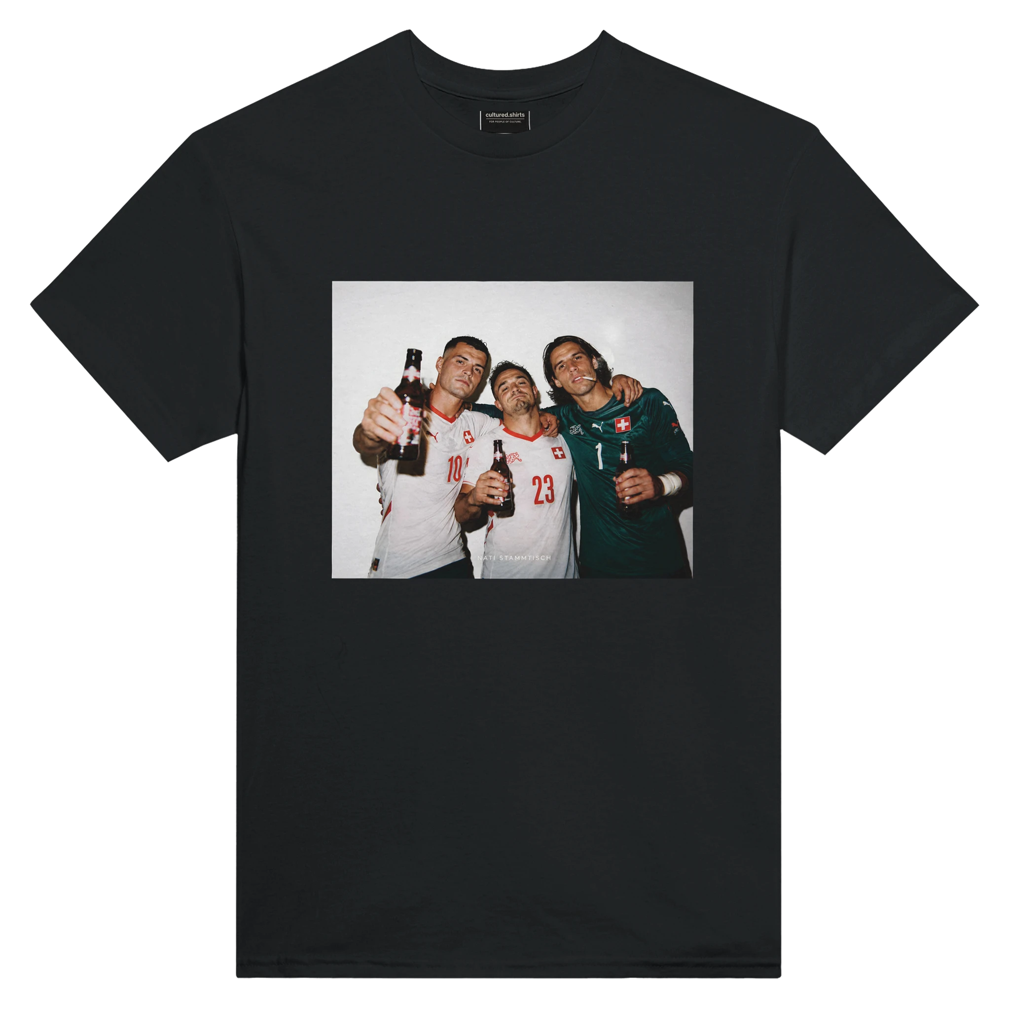 Black T-shirt with crew neck and centered rectangular fan art graphic of three players