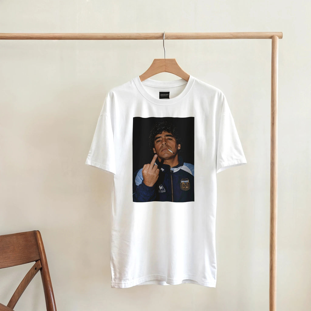 White crewneck football tee with square portrait graphic on the chest