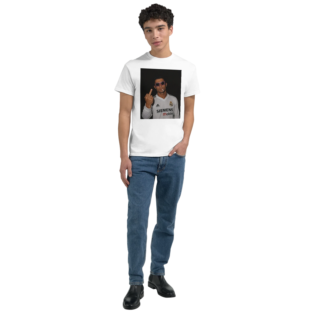 White crewneck T-shirt with front square photo graphic of Ronaldo, worn by model